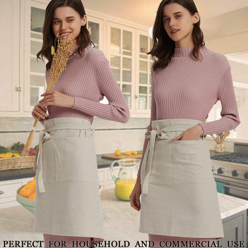 Cityelf Linen Server Apron Cotton Bistro Half Apron with Large Pockets Waist Kitchen Apron for Cooking Waitress - Image 3